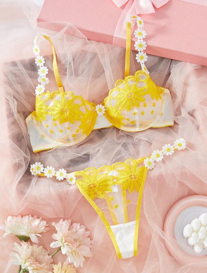 2pcs Embroidery Lace Trim Women Lingerie Set