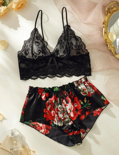 Floral Lace Bra with Floral Print Shorts, Lingerie