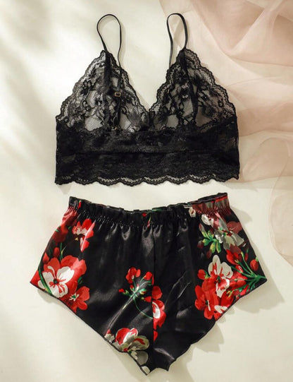 Floral Lace Bra with Floral Print Shorts, Lingerie